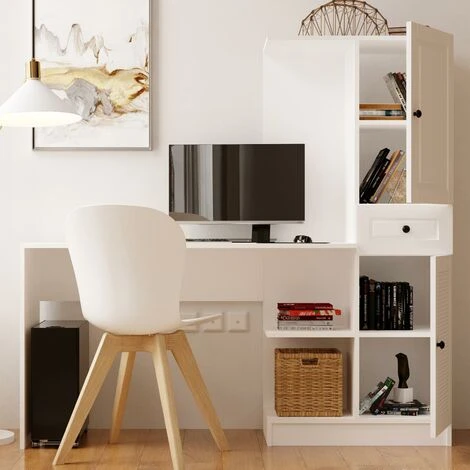 Izel Country - Computer Desk With Bookcase Cabinet Modern Workstation Home Office - White 5 Izel Country - Computer Desk With Bookcase Cabinet Modern Workstation Home Office - White - Image 3
