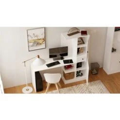 Izel Country - Computer Desk With Bookcase Cabinet Modern Workstation Home Office - White 11 Izel Country - Computer Desk With Bookcase Cabinet Modern Workstation Home Office - White -Living Room Furniture Store 87495776 5