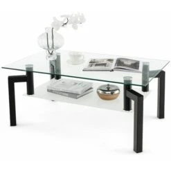 2-Tier Rectangle Glass Coffee Table Center Cocktail Side Table Home Tea Table