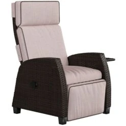 Grand Patio Recliner PE Wicker, Adjustable Position Height Armchair With Flip Table And Cushion, Aluminum Frame, Lounge Chair For Indoor, Outdoor(Dark Beige Cushion)