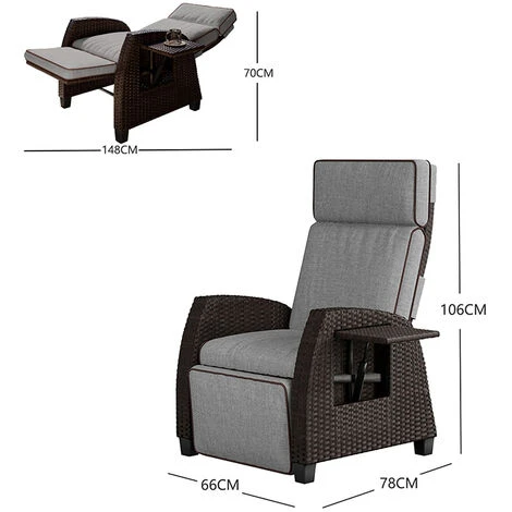 Grand Patio Recliner PE Wicker, Adjustable Position Height Armchair With Flip Table And Cushion, Aluminum Frame, Lounge Chair For Indoor, Outdoor(Brown Wicker, Grey Cushion) 7 Grand Patio Recliner PE Wicker, Adjustable Position Height Armchair With Flip Table And Cushion, Aluminum Frame, Lounge Chair For Indoor, Outdoor(Brown Wicker, Grey Cushion) - Image 5