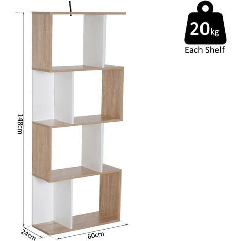 HOMCOM 4-tier Storage Display Shelving Bookcase S Shape Design Divider Unit Particle White 4 HOMCOM 4-tier Storage Display Shelving Bookcase S Shape Design Divider Unit Particle White - Image 2