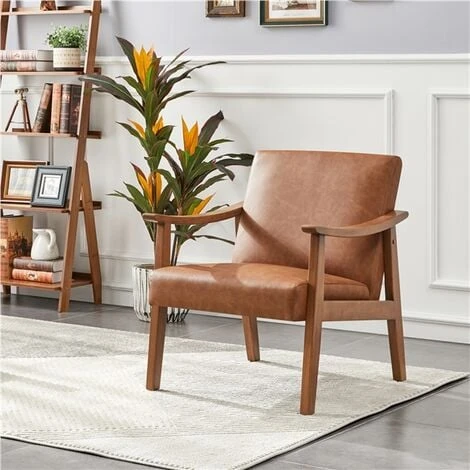 Yaheetech Faux Leather Accent Chair,Solid Wood Legs,Modern, Light Brown 4 Yaheetech Faux Leather Accent Chair,Solid Wood Legs,Modern, Light Brown - Image 2