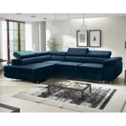 Aston Velvet Left Hand Facing Corner Sofa Bed With Storage And Lift Mechanism - Navy Blue