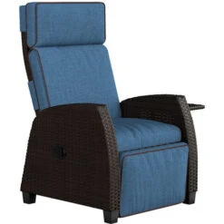 Grand Patio Recliner PE Wicker, Adjustable Position Height Armchair With Flip Table And Cushion, Aluminum Frame, Lounge Chair For Indoor, Outdoor(Brown Wicker, Blue Cushion)