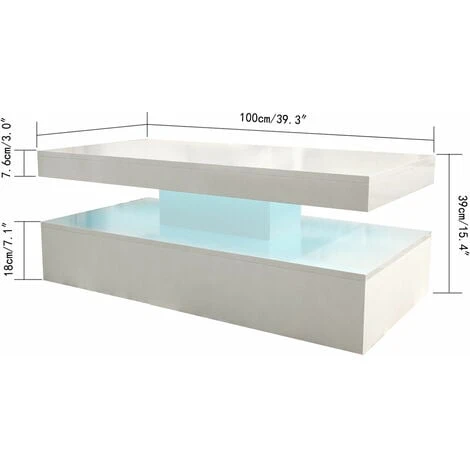 High Gloss Coffee Table White Rectangle Tea Table With LED Light Living Room 4 High Gloss Coffee Table White Rectangle Tea Table With LED Light Living Room - Image 2