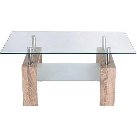 Coffee Table For Living Room, Rectangle Glass Coffee Table With Stainless Steel Tube Support & Wooden Legs, Modern Coffee Table With Storage Glass Shelf For Home Living Room Office Furniture 4 Coffee Table For Living Room, Rectangle Glass Coffee Table With Stainless Steel Tube Support & Wooden Legs, Modern Coffee Table With Storage Glass Shelf For Home Living Room Office Furniture - Image 2
