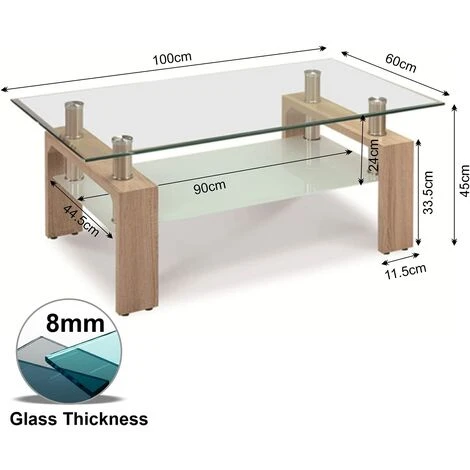 Coffee Table For Living Room, Rectangle Glass Coffee Table With Stainless Steel Tube Support & Wooden Legs, Modern Coffee Table With Storage Glass Shelf For Home Living Room Office Furniture 5 Coffee Table For Living Room, Rectangle Glass Coffee Table With Stainless Steel Tube Support & Wooden Legs, Modern Coffee Table With Storage Glass Shelf For Home Living Room Office Furniture - Image 3