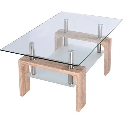 Coffee Table For Living Room, Rectangle Glass Coffee Table With Stainless Steel Tube Support & Wooden Legs, Modern Coffee Table With Storage Glass Shelf For Home Living Room Office Furniture 6 Coffee Table For Living Room, Rectangle Glass Coffee Table With Stainless Steel Tube Support & Wooden Legs, Modern Coffee Table With Storage Glass Shelf For Home Living Room Office Furniture - Image 4