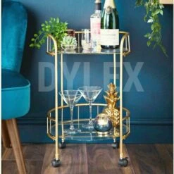 NEW Gold Drinks Trolley With Glass Shelves Mini Bar Cocktail Table Drink Table