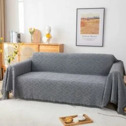 HIASDFLS Plaid Canape Grande Taille Housse Canapé 3 Places Réversible Couvre Canapé Jete De Canape Polyvalente Avec Décoratifs Glands - Gris, 180x300cm