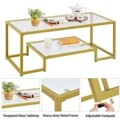Yaheetech Modern Tempered Glass Coffee Table,106cm Lx 50cm W X 45cm H, Gold -Living Room Furniture Store 90284940 4
