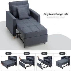 YODOLLA Convertible Sofa Bed 3-in-1 Pull Out Arm Chair Folding Recliner Sleeper Single Bed For Adults, Navy -Living Room Furniture Store 90573632 5