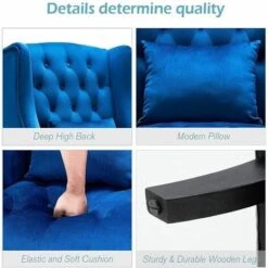 YODOLLA Mid Century Accent Chair With Wooden Legs For Living Room Wingback Tufted Fabric Armless Chair High Back Club Chair (Royal Blue) -Living Room Furniture Store 90573638 3