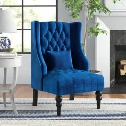 YODOLLA Mid Century Accent Chair With Wooden Legs For Living Room Wingback Tufted Fabric Armless Chair High Back Club Chair (Royal Blue) -Living Room Furniture Store 90573638 5