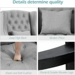 YODOLLA Mid Century Accent Chair With Wooden Legs For Living Room Wingback Tufted Fabric Armless Chair High Back Club Chair (Gray) -Living Room Furniture Store 90573655 4