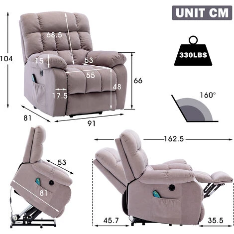 Electric Power Lift Recliner Chair Sofa Armchair With Massage And Heat For Elderly With 2 Side Pockets, USB Ports, Beige 7 Electric Power Lift Recliner Chair Sofa Armchair With Massage And Heat For Elderly With 2 Side Pockets, USB Ports, Beige - Image 5