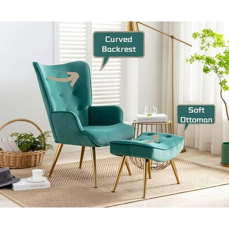 Velvet Armchair Modern Accent Chair With Footstool Occasional Lounge Chair For Living Room, Green 6 Velvet Armchair Modern Accent Chair With Footstool Occasional Lounge Chair For Living Room, Green - Image 4