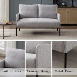 2 Seater Sofa In Linen Modern Compact Loveseat Couch For Living Room, 2 Seater, Gray -Living Room Furniture Store 91014554 4