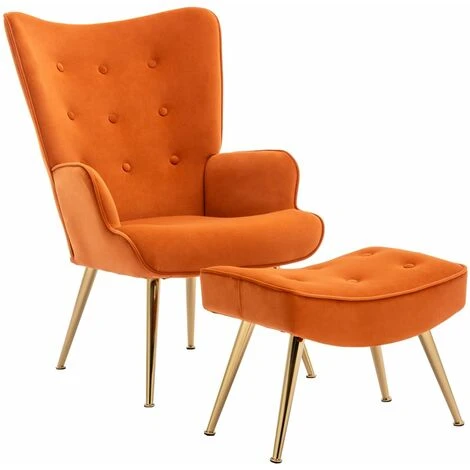Velvet Armchair Modern Accent Chair With Footstool Occasional Lounge Chair For Living Room, Orange 3 Velvet Armchair Modern Accent Chair With Footstool Occasional Lounge Chair For Living Room, Orange
