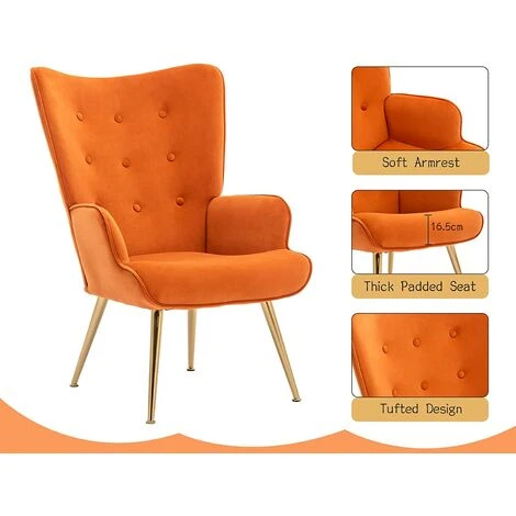 Velvet Armchair Modern Accent Chair With Footstool Occasional Lounge Chair For Living Room, Orange 4 Velvet Armchair Modern Accent Chair With Footstool Occasional Lounge Chair For Living Room, Orange - Image 2
