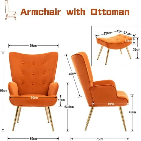 Velvet Armchair Modern Accent Chair With Footstool Occasional Lounge Chair For Living Room, Orange 5 Velvet Armchair Modern Accent Chair With Footstool Occasional Lounge Chair For Living Room, Orange - Image 3