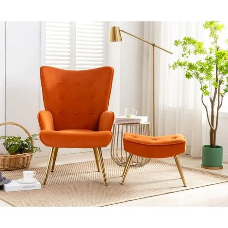 Velvet Armchair Modern Accent Chair With Footstool Occasional Lounge Chair For Living Room, Orange 6 Velvet Armchair Modern Accent Chair With Footstool Occasional Lounge Chair For Living Room, Orange - Image 4