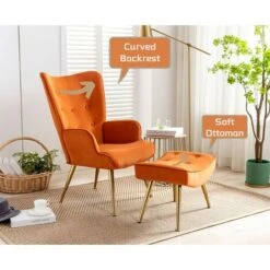 Velvet Armchair Modern Accent Chair With Footstool Occasional Lounge Chair For Living Room, Orange 11 Velvet Armchair Modern Accent Chair With Footstool Occasional Lounge Chair For Living Room, Orange -Living Room Furniture Store 91014575 5