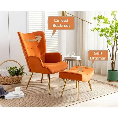 Velvet Armchair Modern Accent Chair With Footstool Occasional Lounge Chair For Living Room, Orange 7 Velvet Armchair Modern Accent Chair With Footstool Occasional Lounge Chair For Living Room, Orange - Image 5