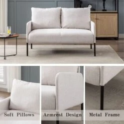 2 Seater Sofa In Linen Modern Compact Loveseat Couch For Living Room, 2 Seater, Beige -Living Room Furniture Store 91014585 5