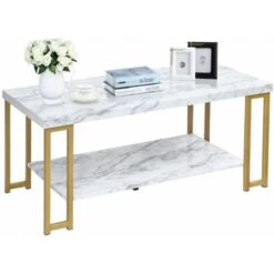 2-Tier Coffee Table Faux Marble Accent Rectangular Cocktail Table Tea Table