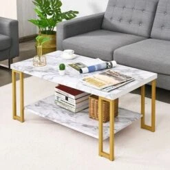 2-Tier Coffee Table Faux Marble Accent Rectangular Cocktail Table Tea Table -Living Room Furniture Store 91206798 3