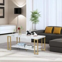 2-Tier Coffee Table Faux Marble Accent Rectangular Cocktail Table Tea Table -Living Room Furniture Store 91206798 5