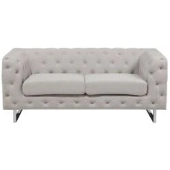 2 Seater Sofa Upholstered Button Tufting Chesterfield Low Back Beige Vissland
