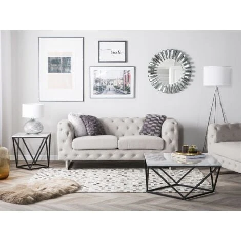 2 Seater Sofa Upholstered Button Tufting Chesterfield Low Back Beige Vissland 4 2 Seater Sofa Upholstered Button Tufting Chesterfield Low Back Beige Vissland - Image 2