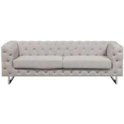 3 Seater Sofa Upholstered Button Tufting Chesterfield Low Back Beige Vissland