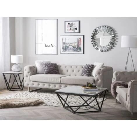 3 Seater Sofa Upholstered Button Tufting Chesterfield Low Back Beige Vissland 4 3 Seater Sofa Upholstered Button Tufting Chesterfield Low Back Beige Vissland - Image 2