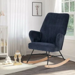MEUBLE COSY Rocking Chair Armchair High Back Thick Padded Seat With Wood Leg Leisure Relax Lounge Recliner For Nursery Bedroom Living Room Balcony, Metal, Blue, 65x84.5x91cm