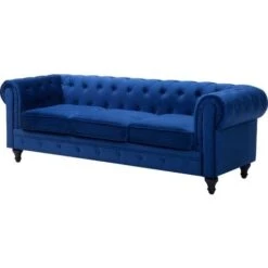 Classic English Sofa Button Tufted 3 Seater Velvet Polyester Blue Chesterfield -Living Room Furniture Store 9418309 4