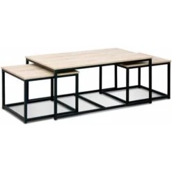 Set Of 3 Metal And Wood-effect Nesting Tables, Large Table 100x60x45cm, 2x Small Tables 50x50x38cm - Loft - Black