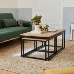 Set Of 3 Metal And Wood-effect Nesting Tables, Large Table 100x60x45cm, 2x Small Tables 50x50x38cm - Loft - Black -Living Room Furniture Store 94368260 4