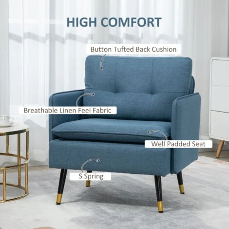 HOMCOM Modern Upholstered Armchairs Tufted Accent Chairs For Bedroom Dark Blue 6 HOMCOM Modern Upholstered Armchairs Tufted Accent Chairs For Bedroom Dark Blue - Image 4