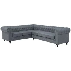 Right Hand Corner Sofa L-Shaped Button Tufted 5 Seater Grey Fabric Chesterfield