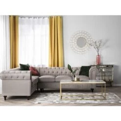 Right Hand Corner Sofa L-Shaped Button Tufted 5 Seater Beige Fabric Chesterfield -Living Room Furniture Store 9722034 2