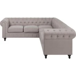 Right Hand Corner Sofa L-Shaped Button Tufted 5 Seater Beige Fabric Chesterfield -Living Room Furniture Store 9722034 4