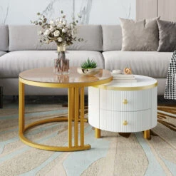 Nesting Coffee Tables, Set Of 2 Modern Scandinavian, 1 Marble Finish And 1 Tempered Glass Top, White