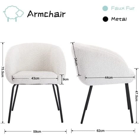 Faux Fur Armchair Modern Occasional Tub Chair With Metal Legs For Bedroom Living Room, White 4 Faux Fur Armchair Modern Occasional Tub Chair With Metal Legs For Bedroom Living Room, White - Image 2