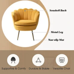 Velvet Armchair Comfy Tub Chair With Seashell Back And Metal Legs For Living Room Lounge, Yellow -Living Room Furniture Store 97988330 3