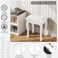 WOLTU Dressing Table Stool. Soft Padded Vanity Stool 37x30x50cm. Makeup Chair For Bedroom. MDF Wood. Baroque Style. Cream White -Living Room Furniture Store 98374807 5