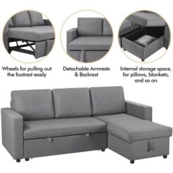 Yaheetech Reversible Sleeper Sectional Sofa With Chaise L-Shaped, Light Gray 11 Yaheetech Reversible Sleeper Sectional Sofa With Chaise L-Shaped, Light Gray -Living Room Furniture Store 98438989 5